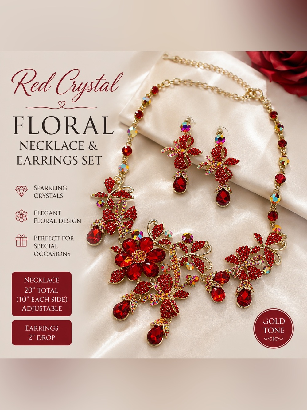 Statement Red Crystal Floral Necklace & Earrings Set Gold Tone Rhinestone Bridal